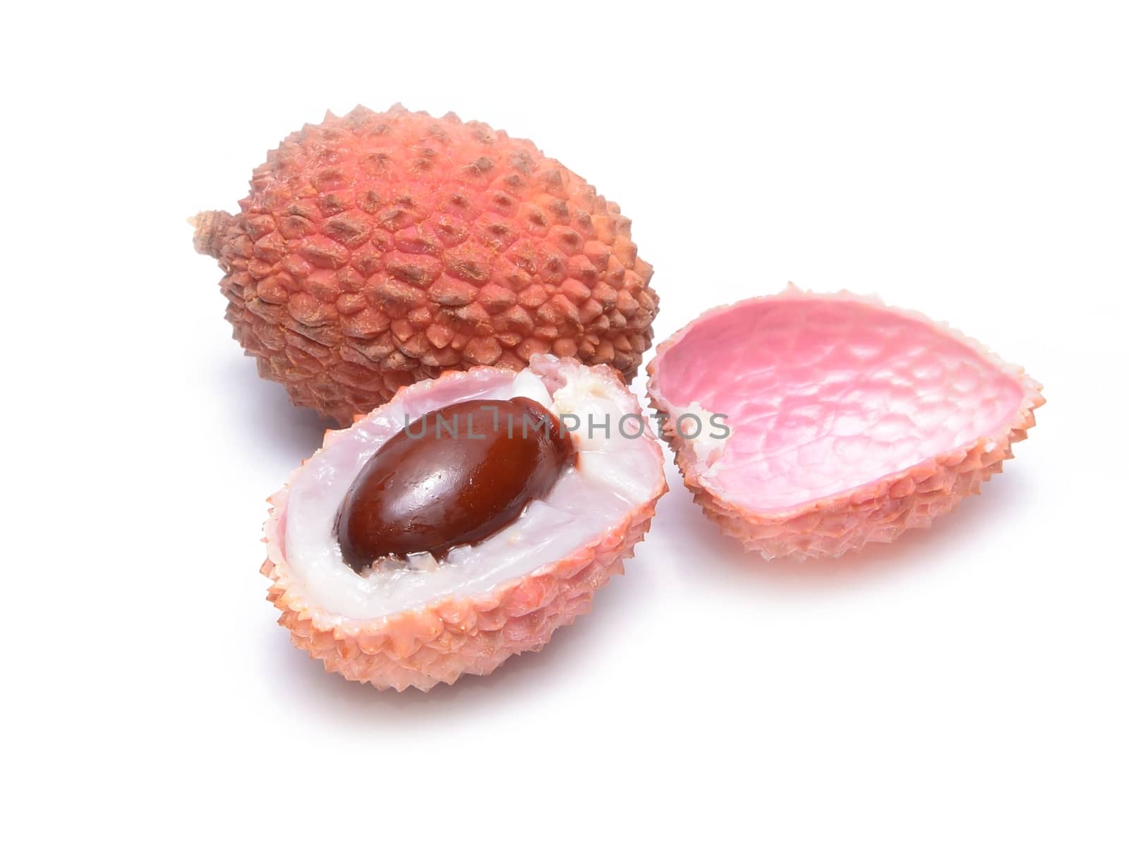 Fresh lychees isolated on white by comet