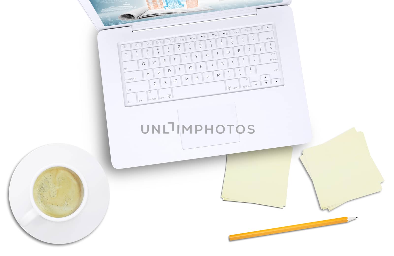 White laptop and coffee cup on isolated white background, top view. Closed up