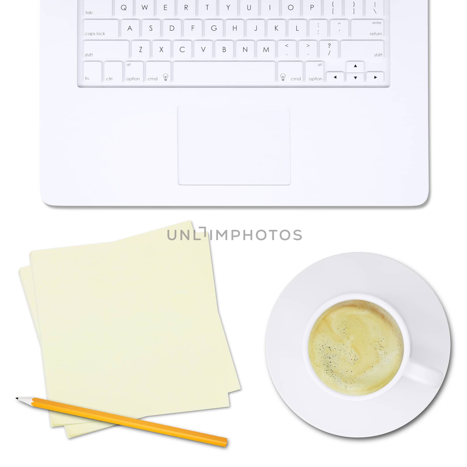 White laptop, note paper with pencil,  and coffee cup on isolated white background, top view. Closed up