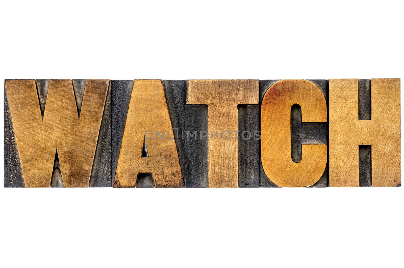 watch word typography - isolated text in letterpress wood type blocks