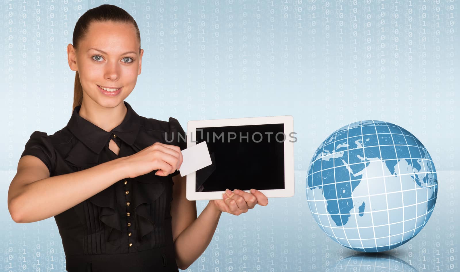 Young woman holging tablet looking at camera. Model of earth on light background. Connection all over the world. Elements of this image furnished by NASA