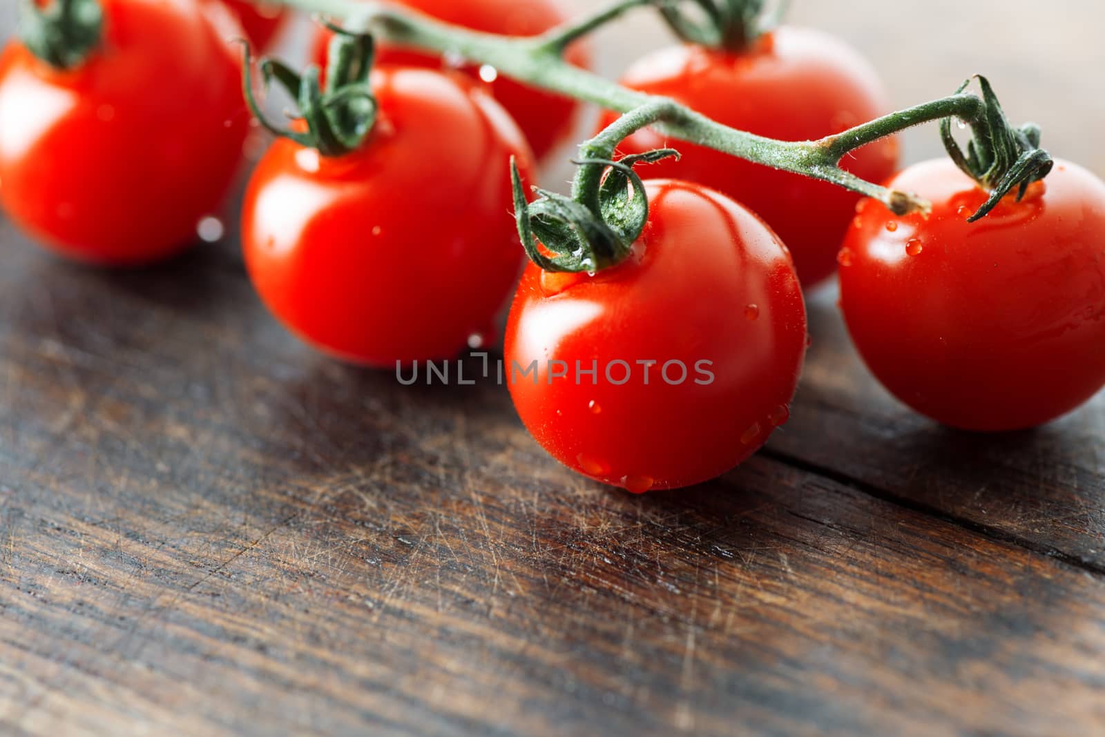 Tomatoes on vein close up by Nanisimova