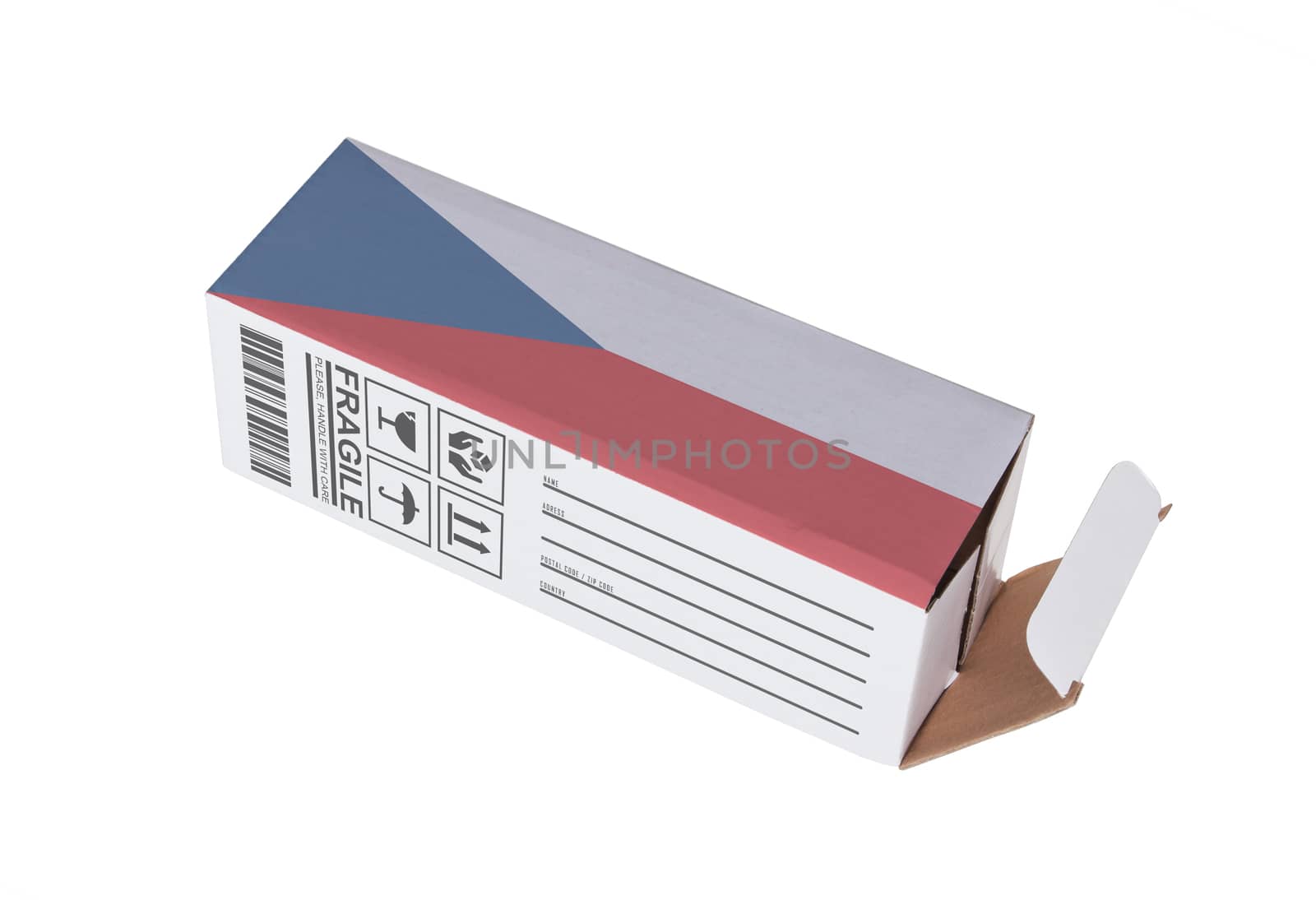 Concept of export, opened paper box - Product of Czech Republic
