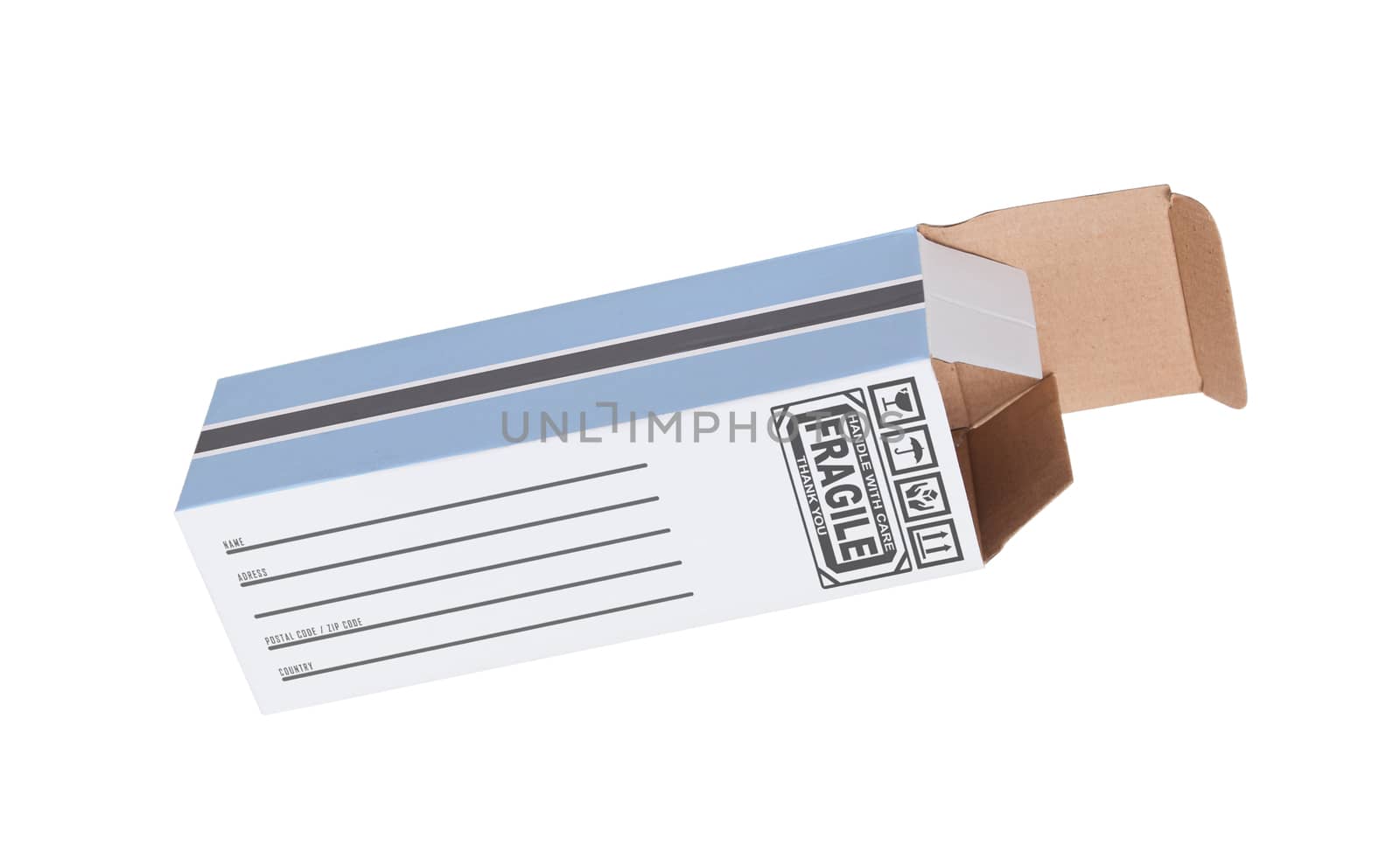 Concept of export, opened paper box - Product of Botswana