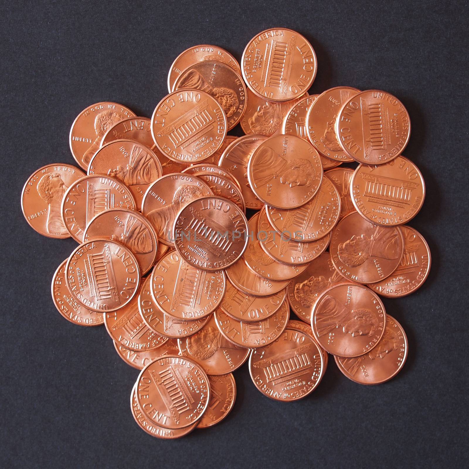 One cent wheat penny coin currency of the United States over black background