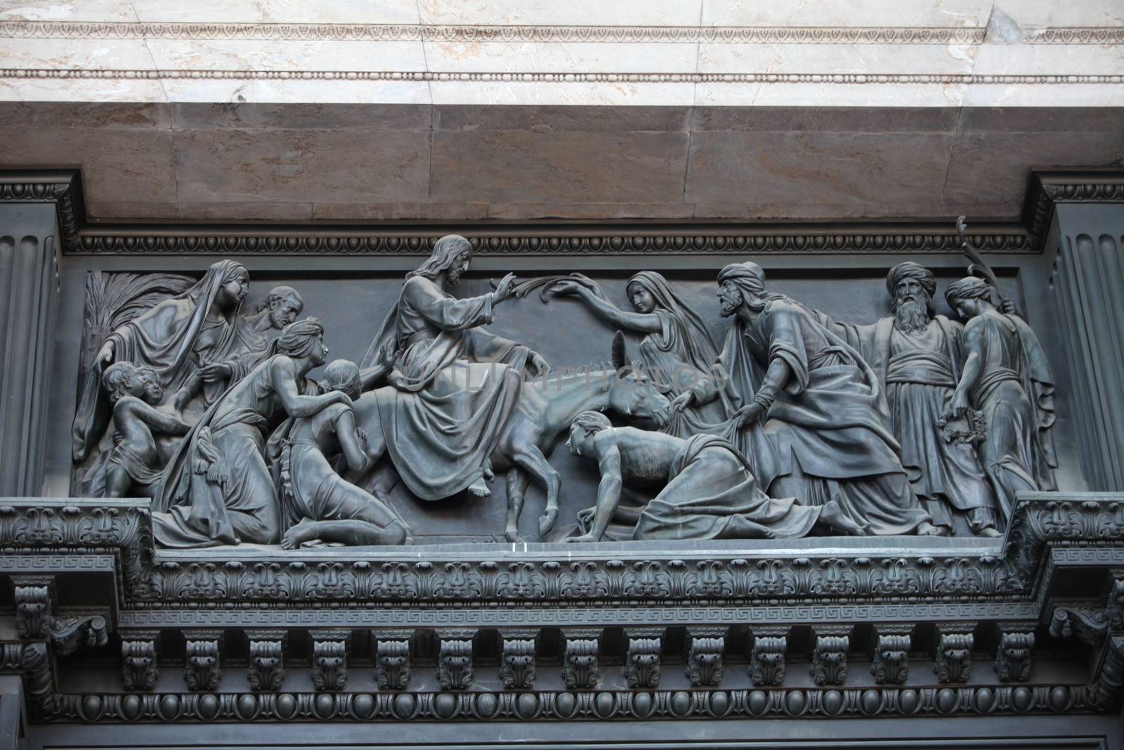 16 February 2015 St. Petersburg  Russia  of entry of Jesus in Jerusalem Palm Sanday sculpture on St. Isaac's Cathedral