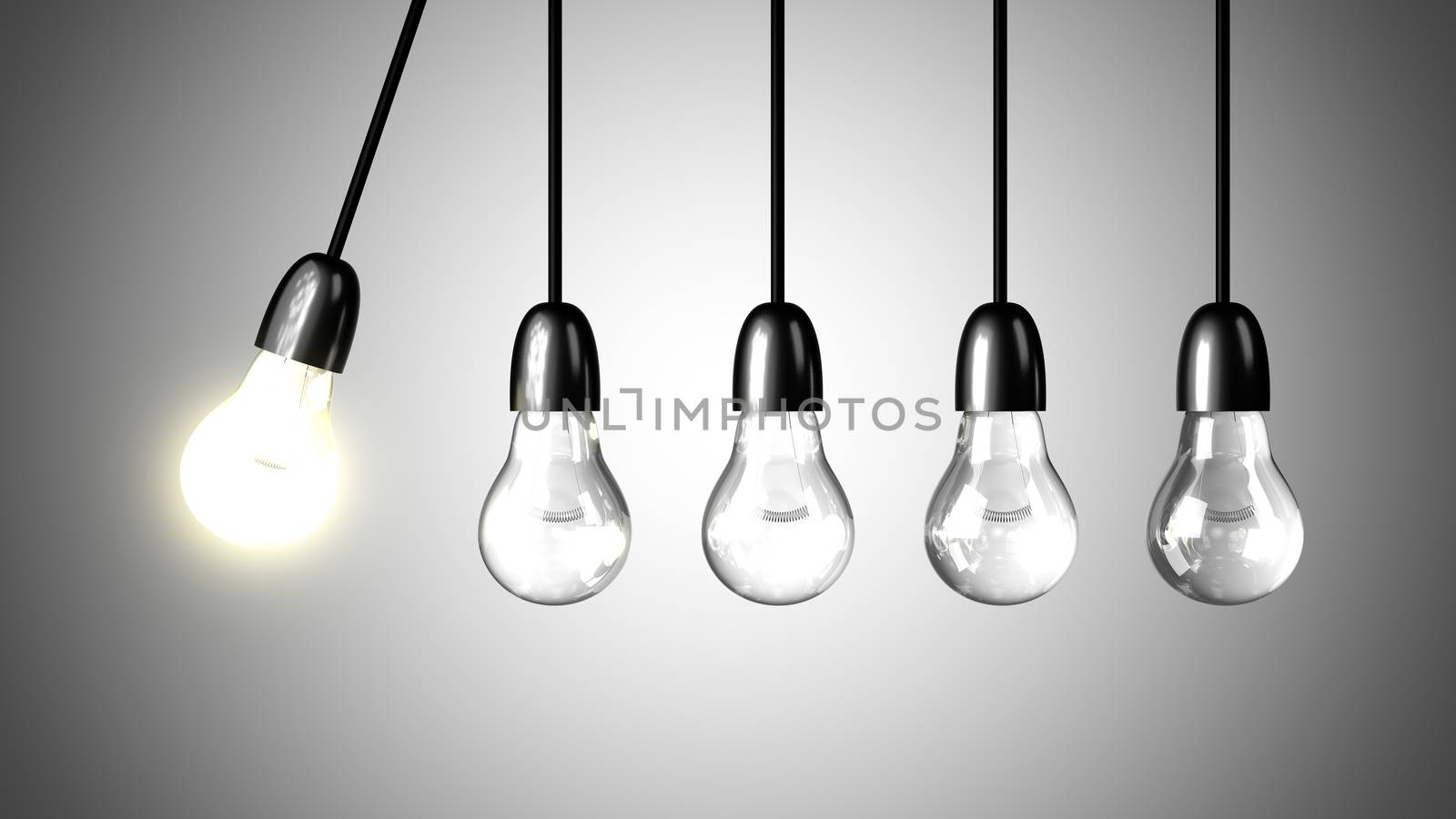 A lit light bulb will boost other extinguished bulbs. Newton's cradle concept. Realistic 3d render