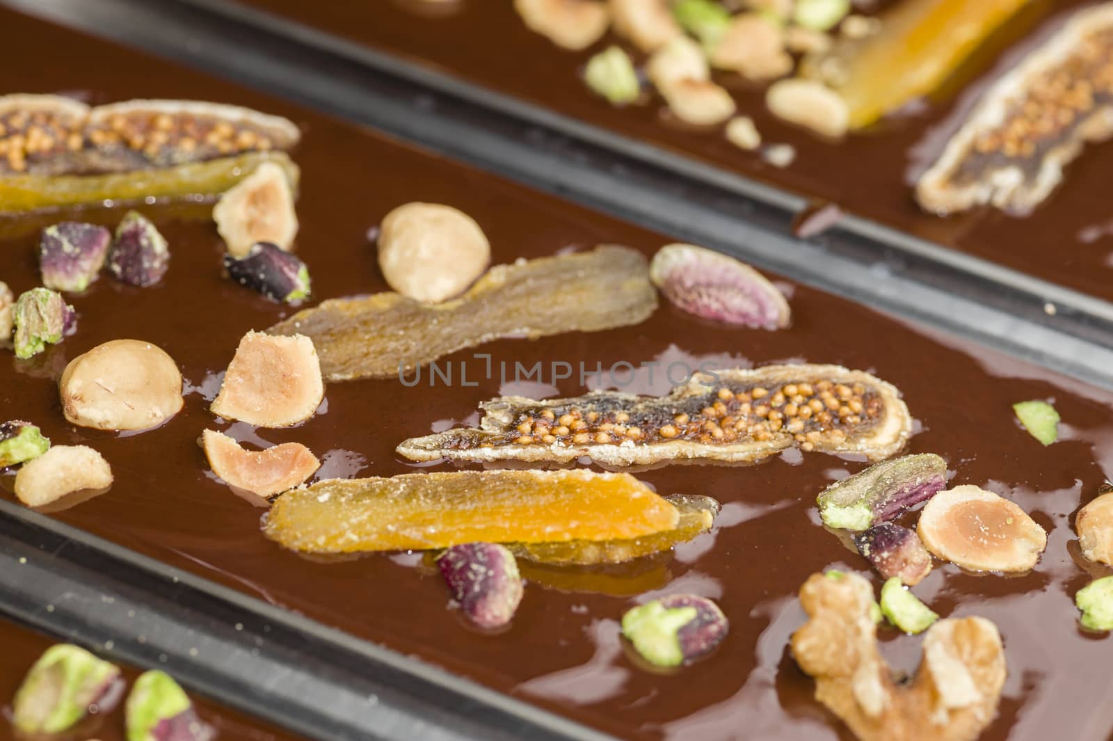 Ingredients for preparation of artisanal chocolate bar with dried fruits