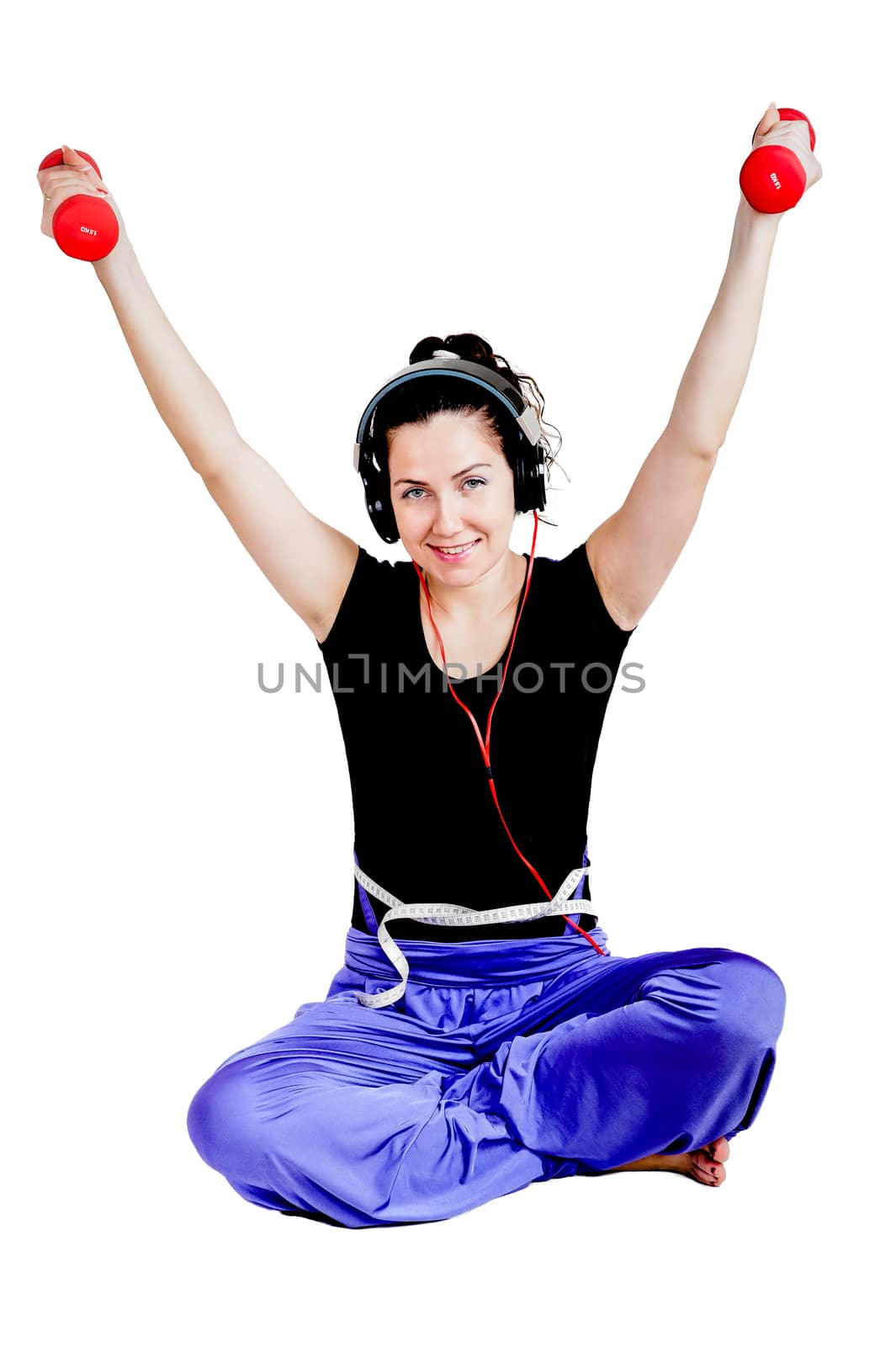 Girl with two red dumbbells in hands by ben44