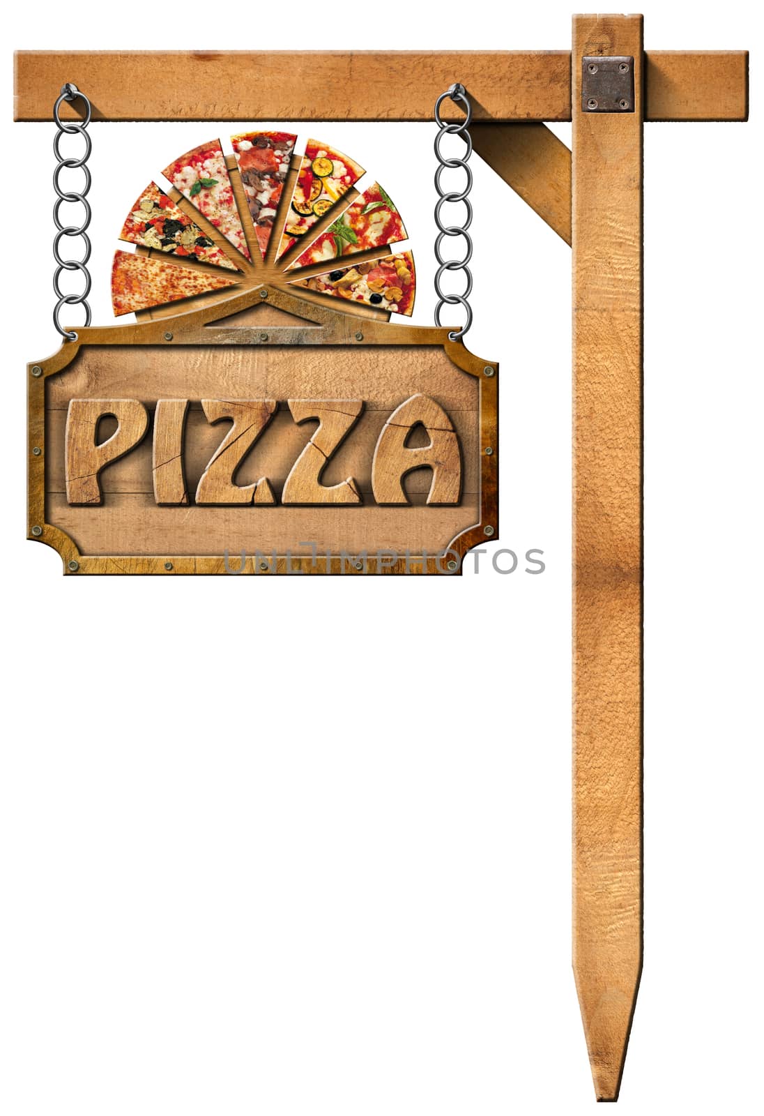 Wooden sign with metal frame and text pizza, slices of pizza on cutting board. Hanging from a chain on wooden pole and isolated on white
