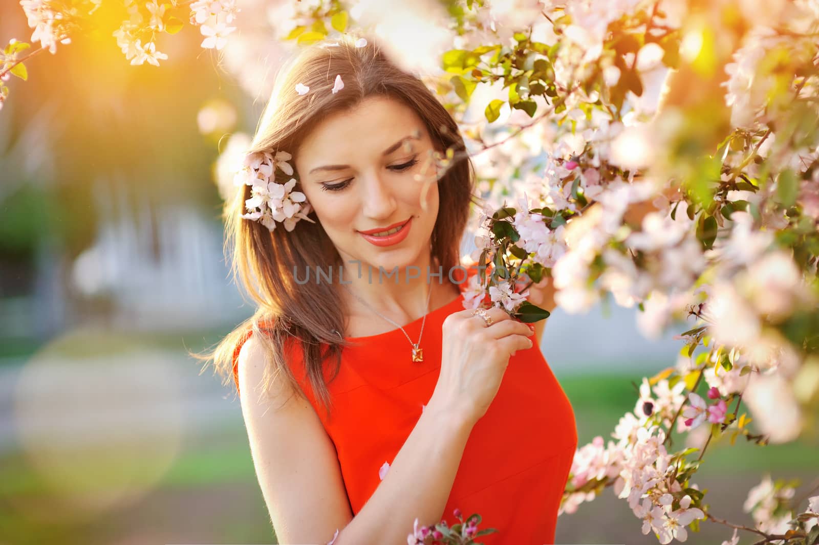 beautiful girl on a walk among the blooming trees.