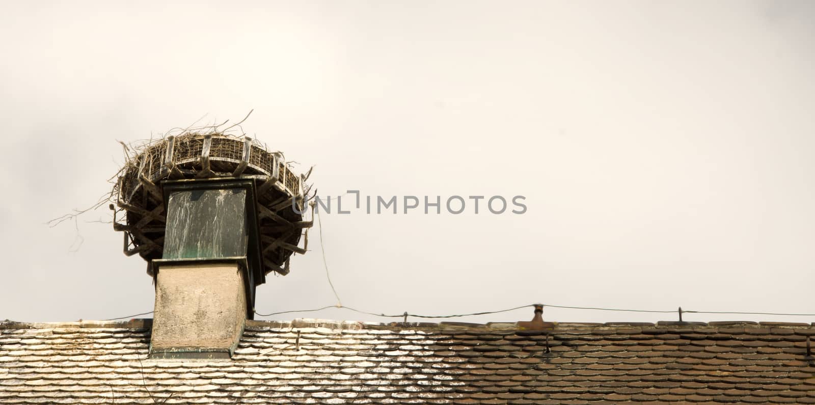 Old roof with chimney and stork's nest. 