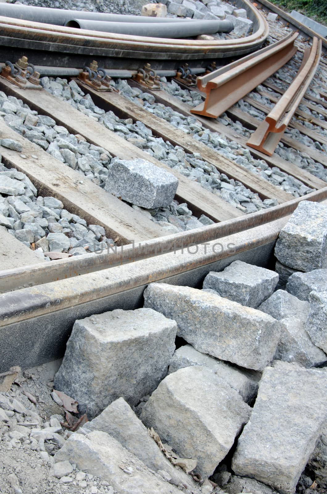 Repairing tram track, stone blocks and pipes.