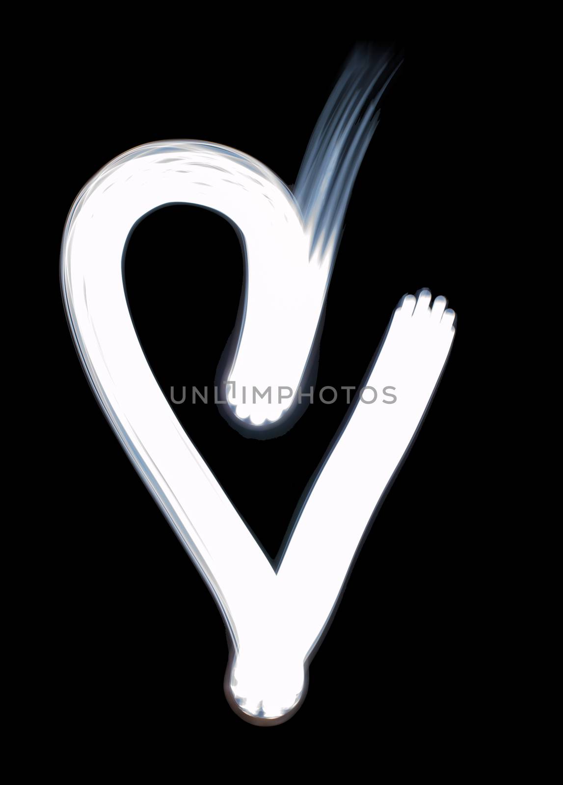 Light painted heart outline isolated on black background. 