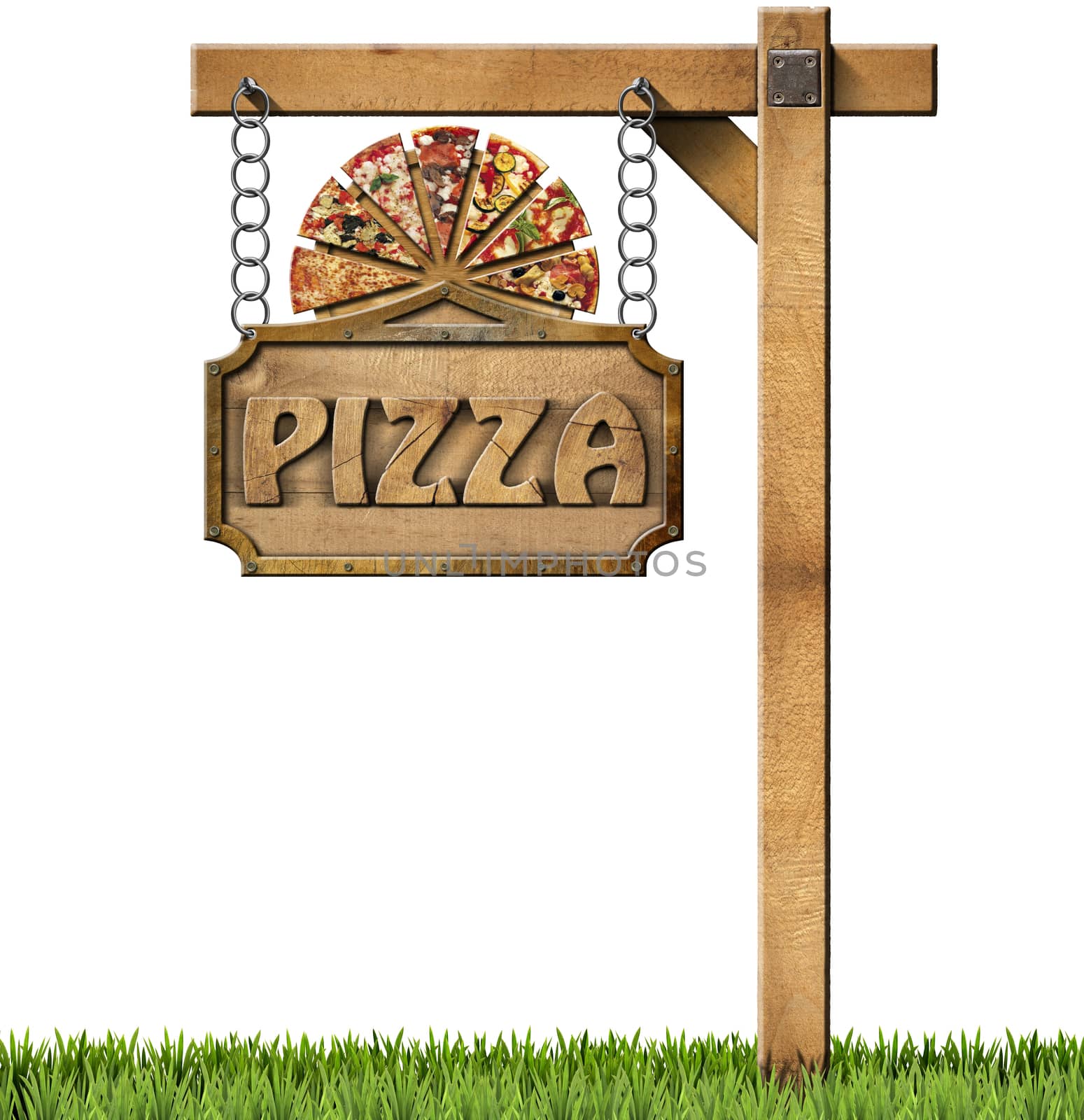 Sign with frame and text pizza, slices of pizza on cutting board. Hanging from a chain on wooden pole and isolated on white with green grass