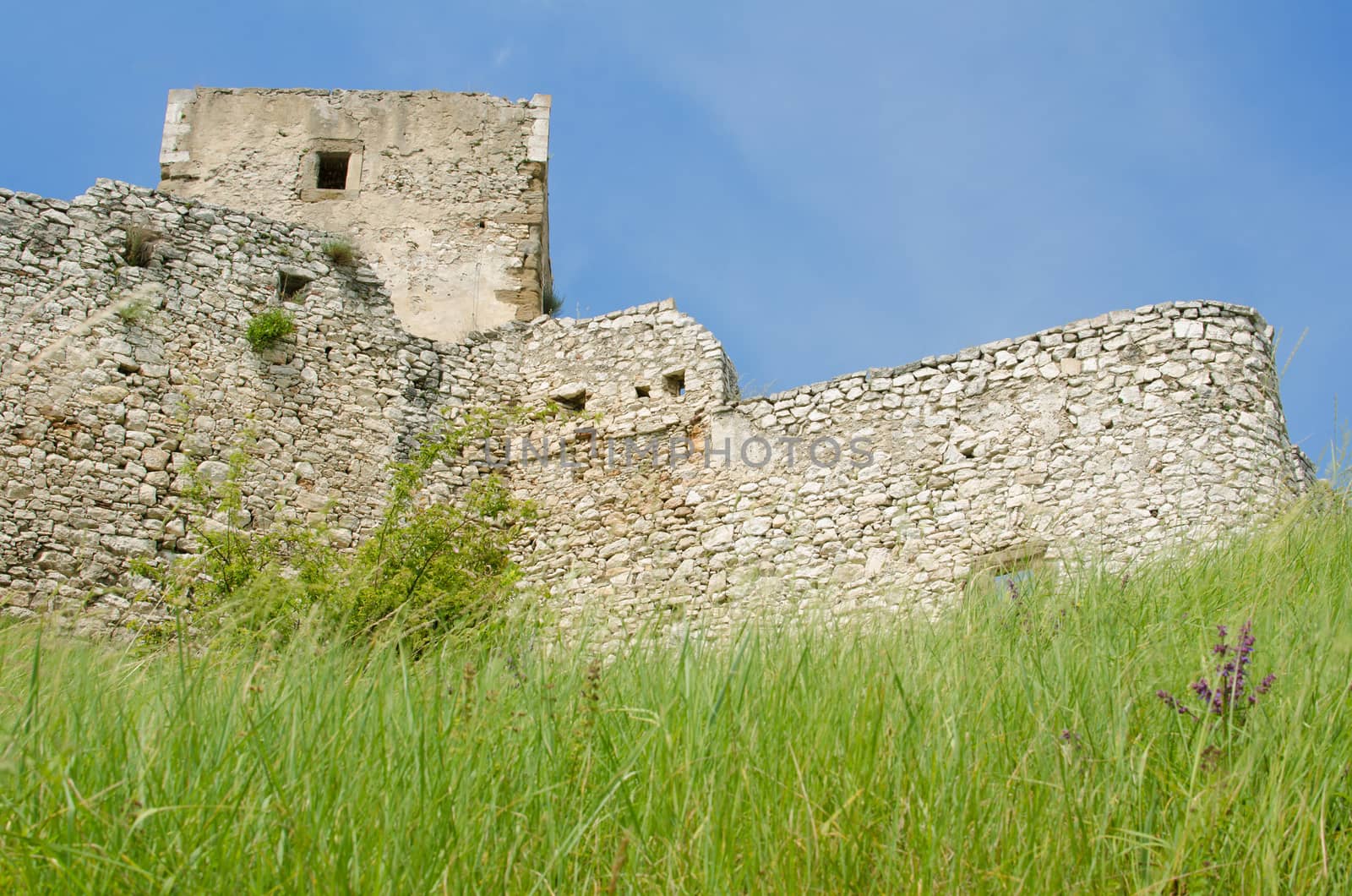 Stone castle's wall and tower with grass as foreground. 