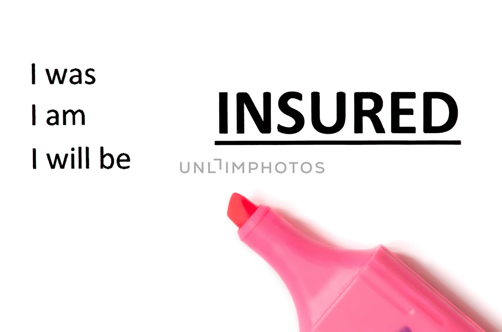 Insurance business concept and pink makrer isolated on white background.
