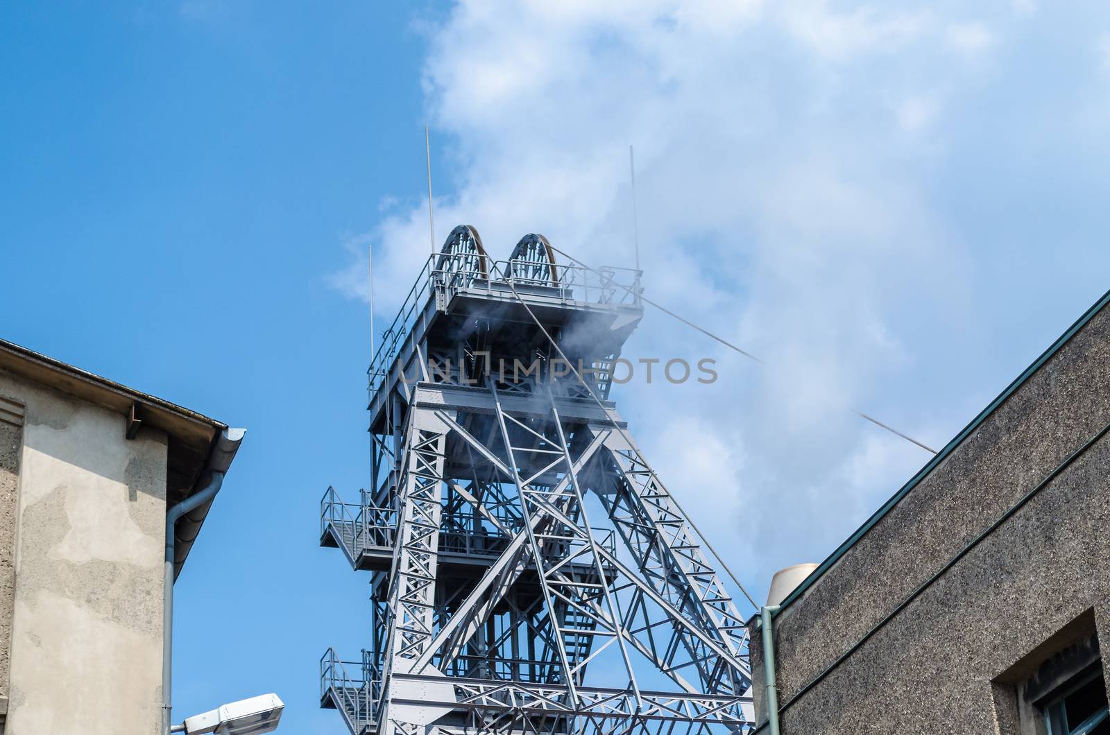 Winding tower of a mine that is still in operation.