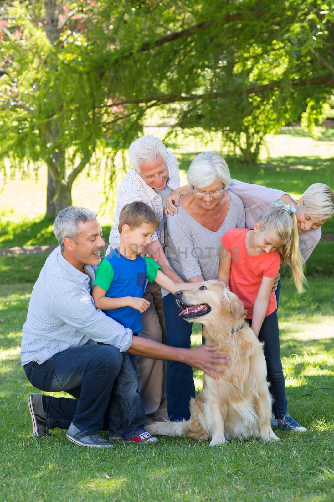 Happy family petting their dog von a sunny day