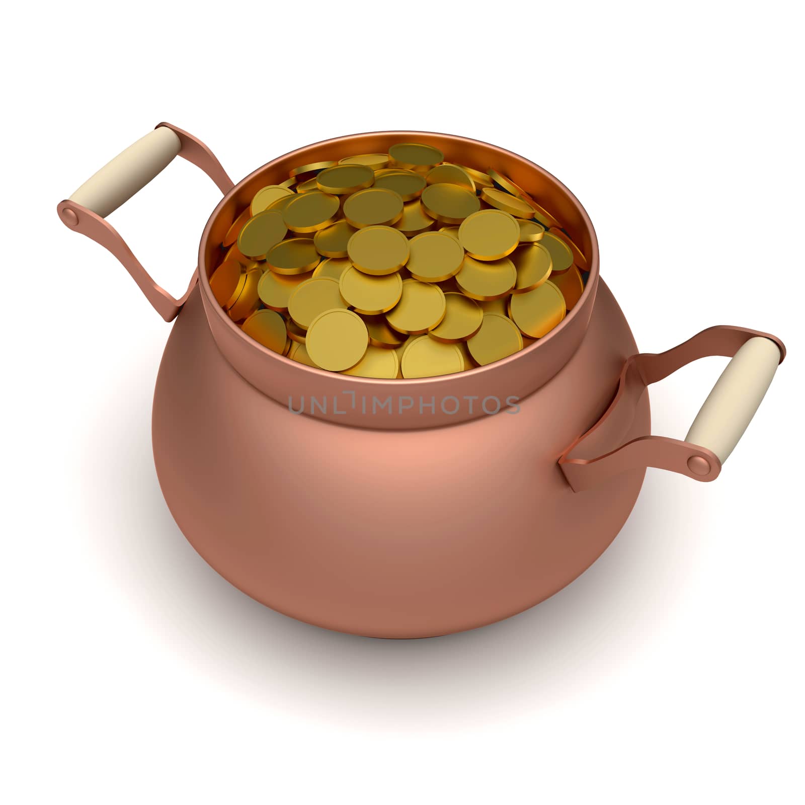 Gold soins in the bronze pot. Illustration on the white background.