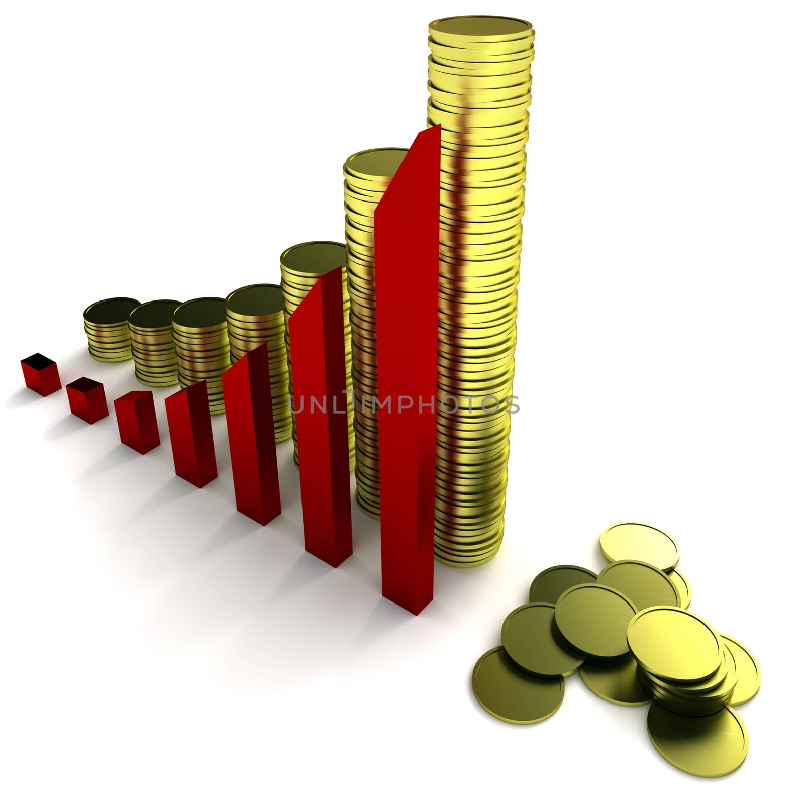 rows of gold stack, arrowed chart. Illustration on the white background
