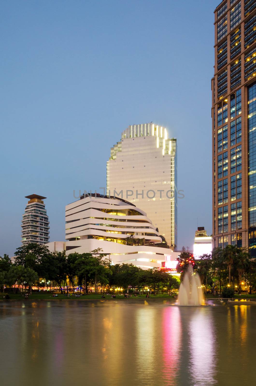 Twilight at Benjasiri Park in Bangkok, Thailand.