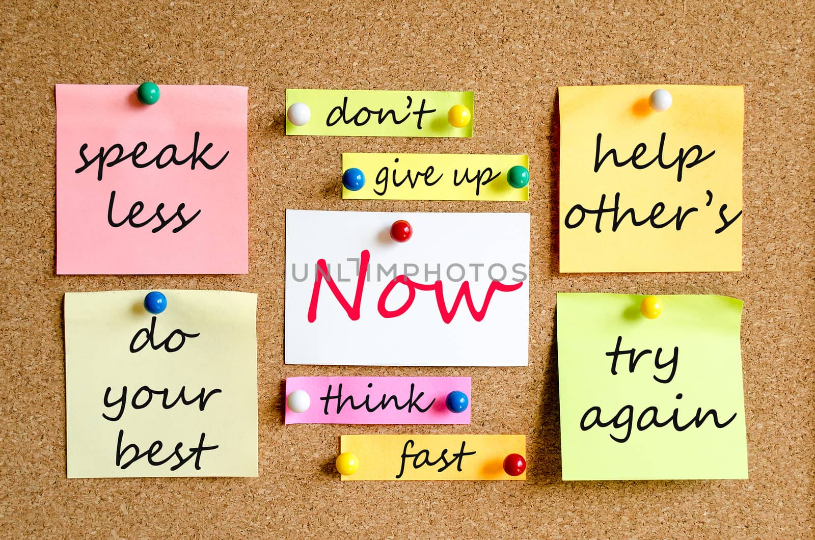 Colorful sticky notes on cork board background now concept