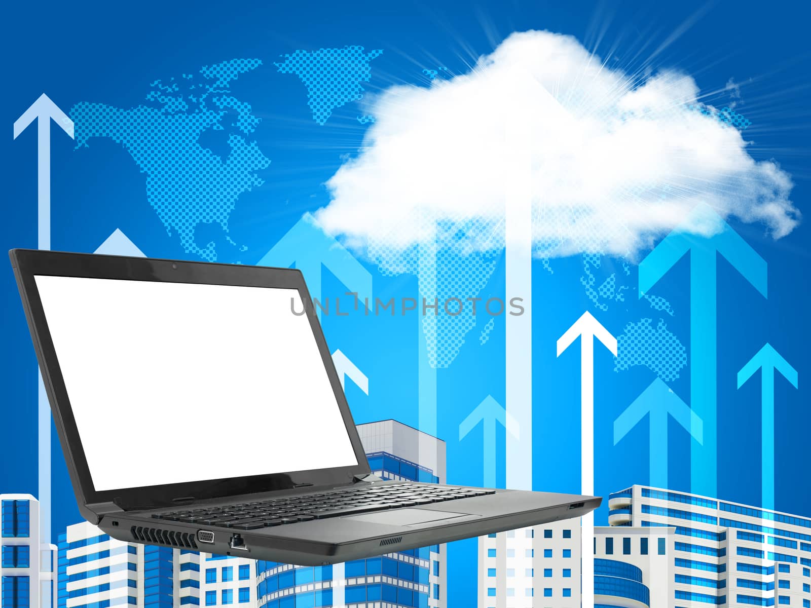 Laptop on abstract cityscape background with up arrows. Virtual world map.