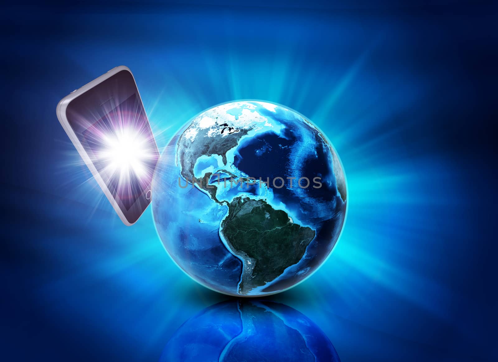 Mobile phone behind earth on abstract blue background. Elements of this image furnished by NASA