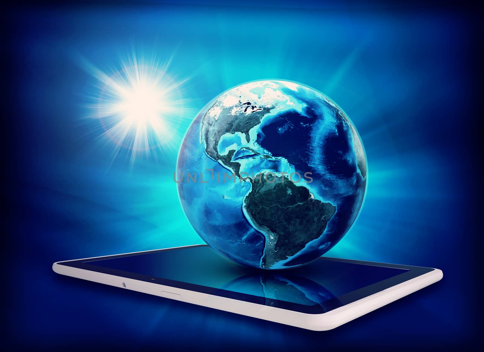 Earth model on tablet on abstract blue background. Elements of this image furnished by NASA