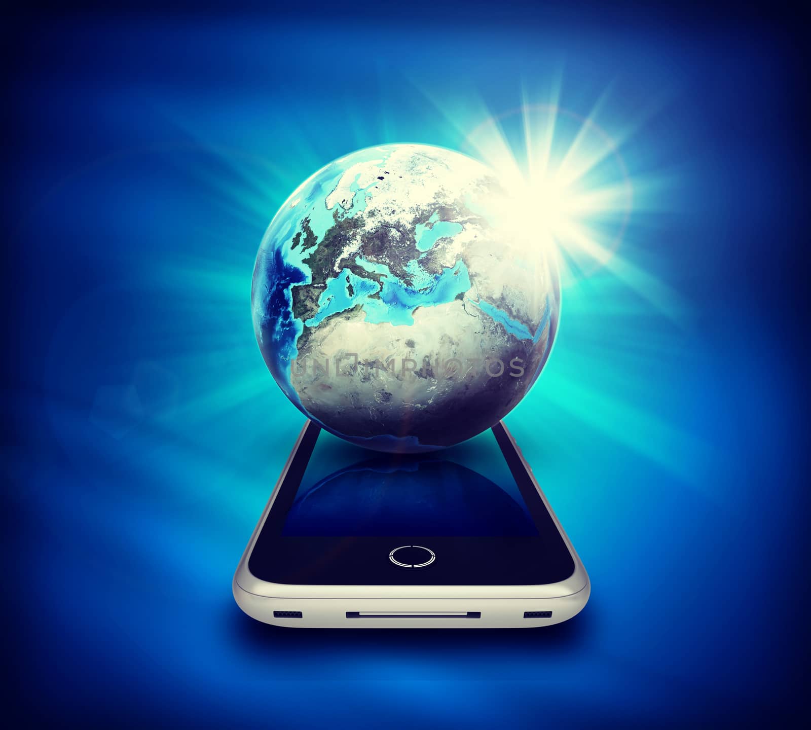 Earth model with mobile phone on abstract blue background, front view. Elements of this image furnished by NASA