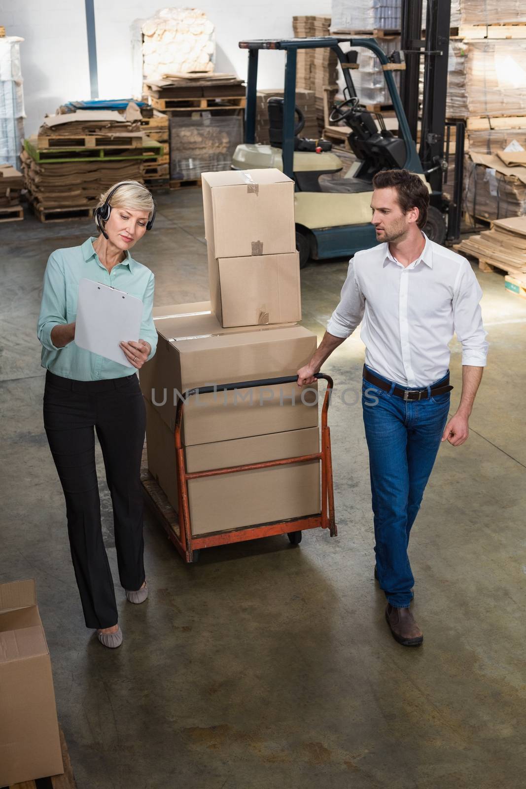 Manager walking with her colleague pulling trolleys in a large warehouse