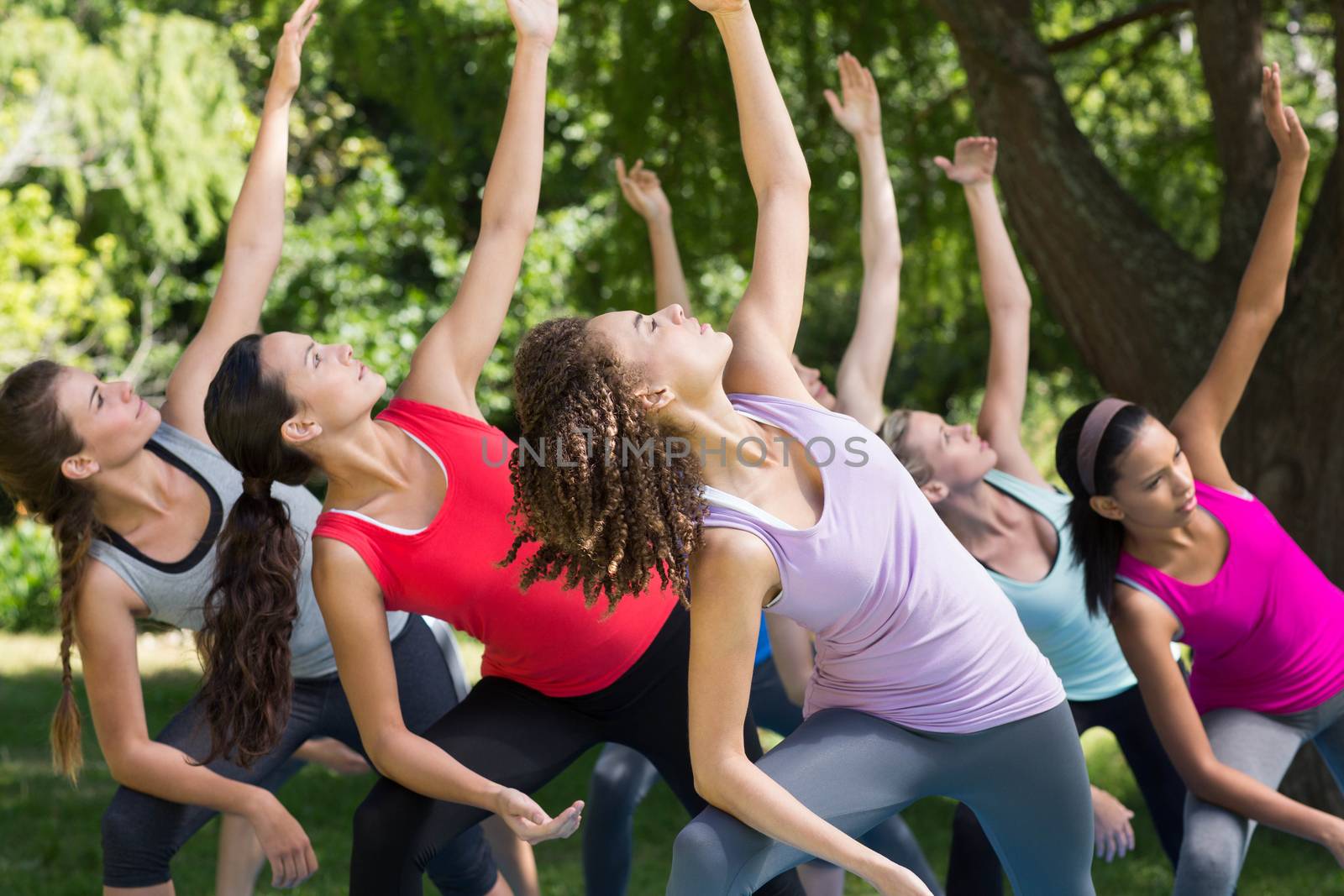 Fitness group doing yoga in park by Wavebreakmedia