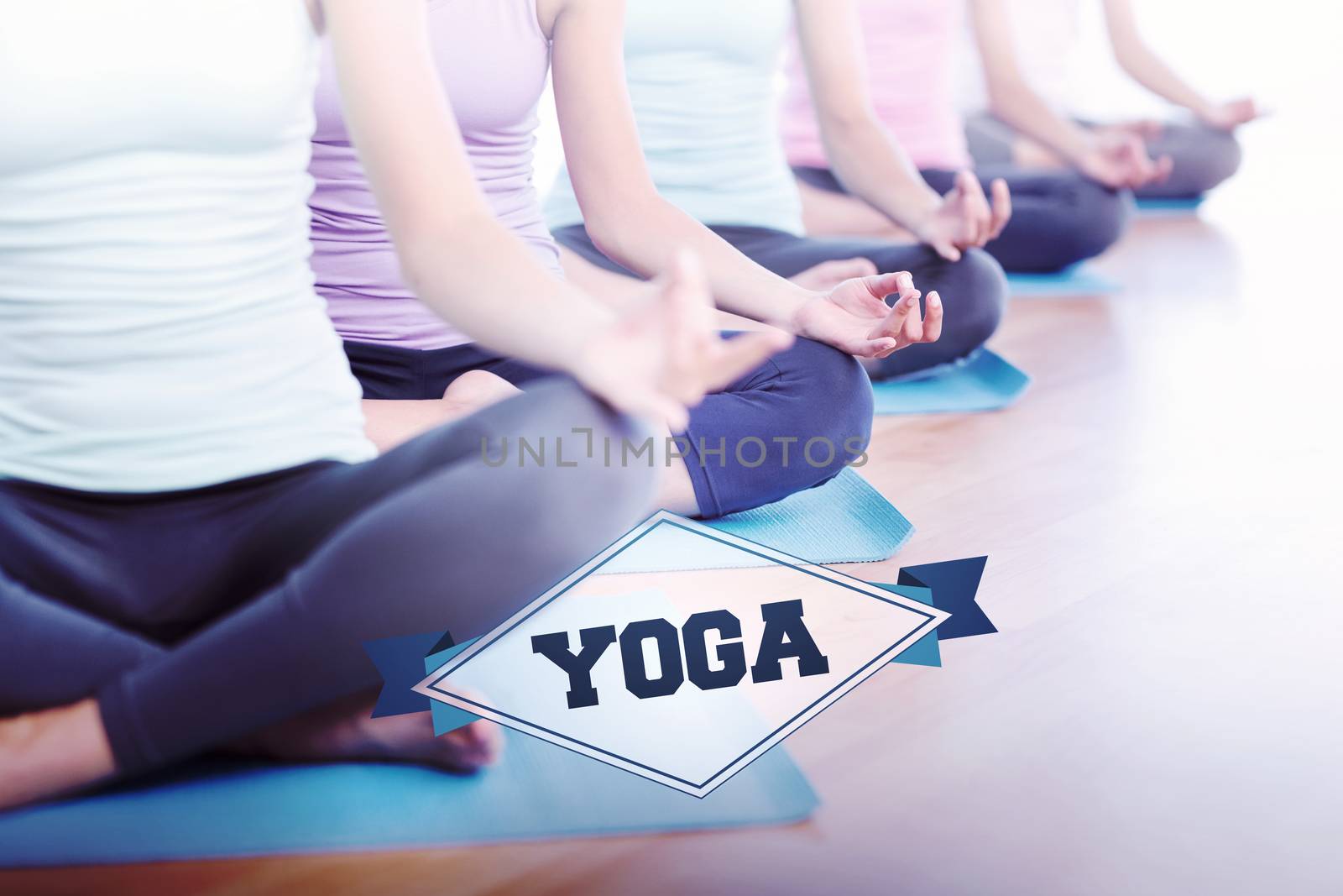 The word yoga and sporty women in lotus pose at fitness studio against badge