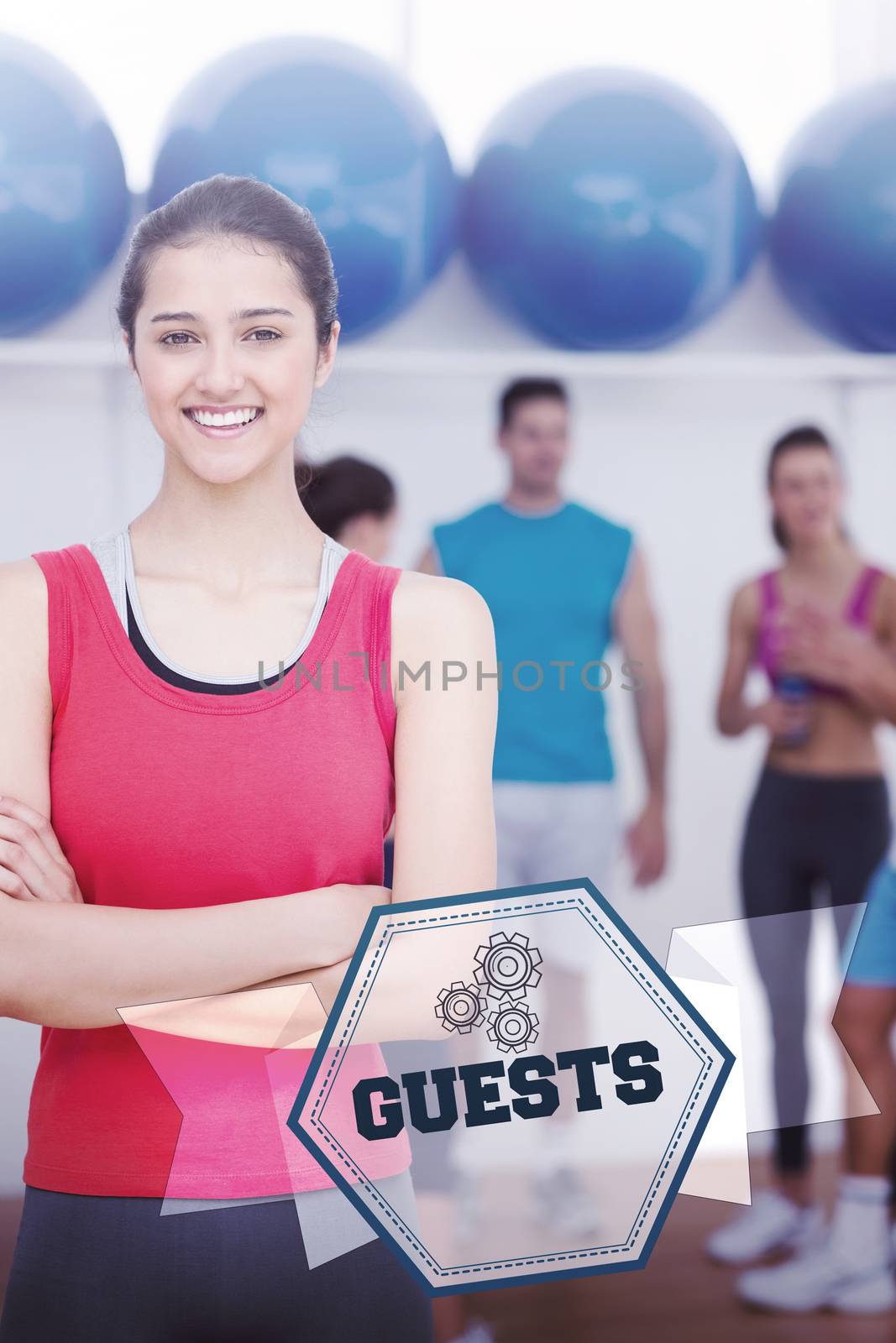 The word guests and smiling woman with friends in background at fitness studio against hexagon
