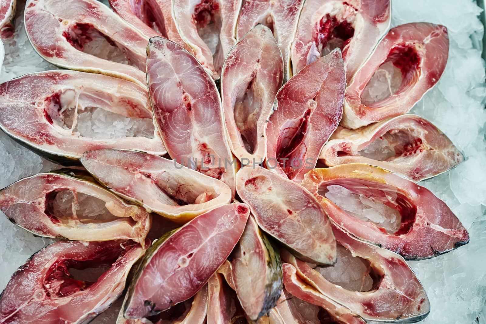 Cut pieces of carp in the supermarket                              