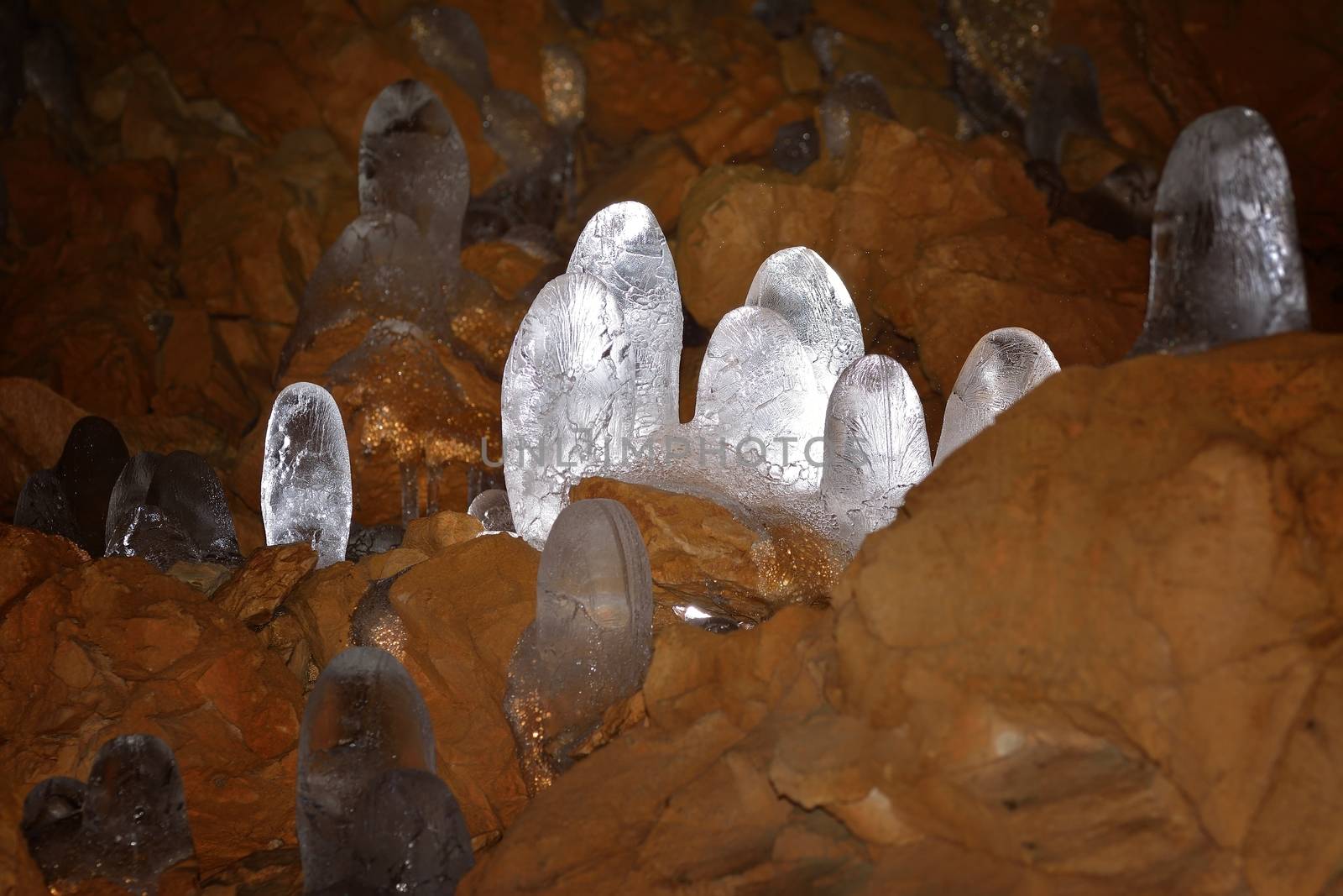 Structure of a thawing ice stalagmite in a cave.
