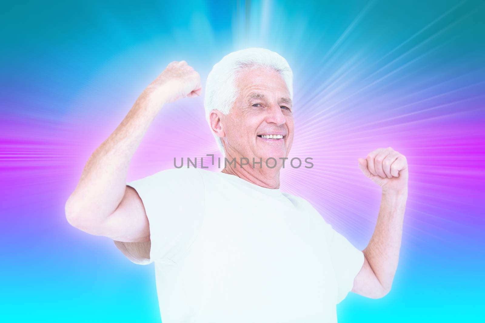 Senior man flexing his arms against abstract background