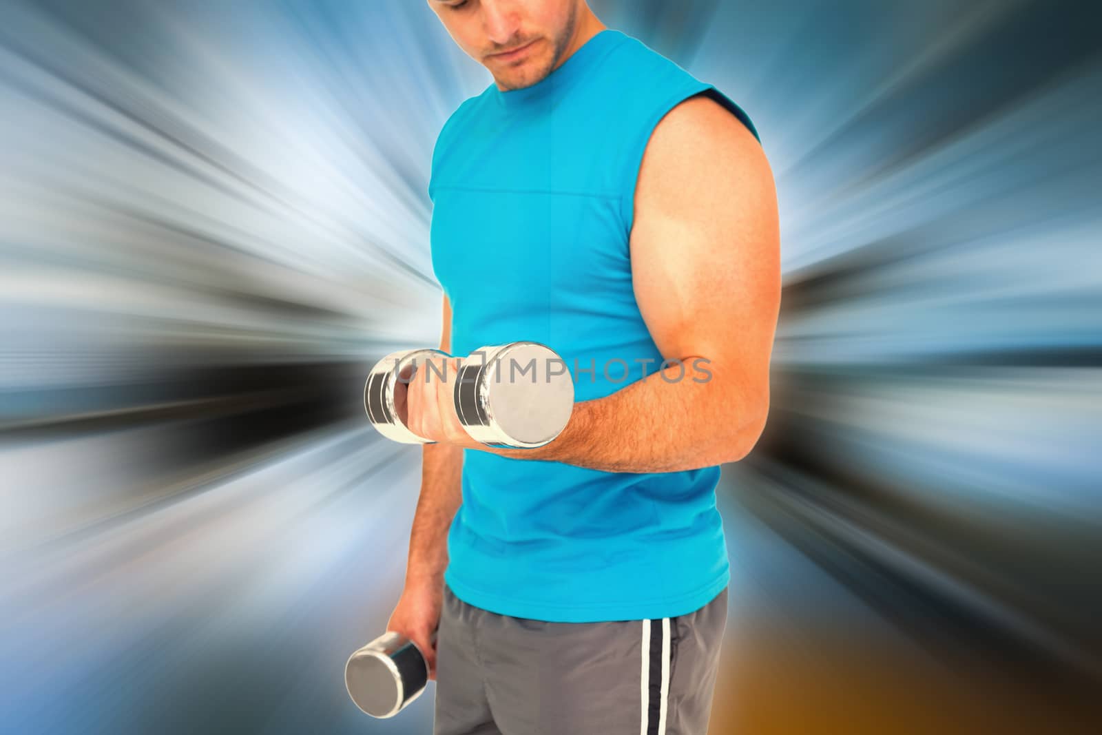 Mid section of a fit man exercising with dumbbells against abstract background