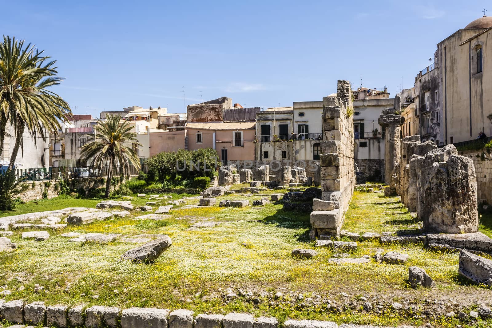 View of the ruins of the ancient greek doric temple of Apollo in Siracusa, Sicilia, Italy