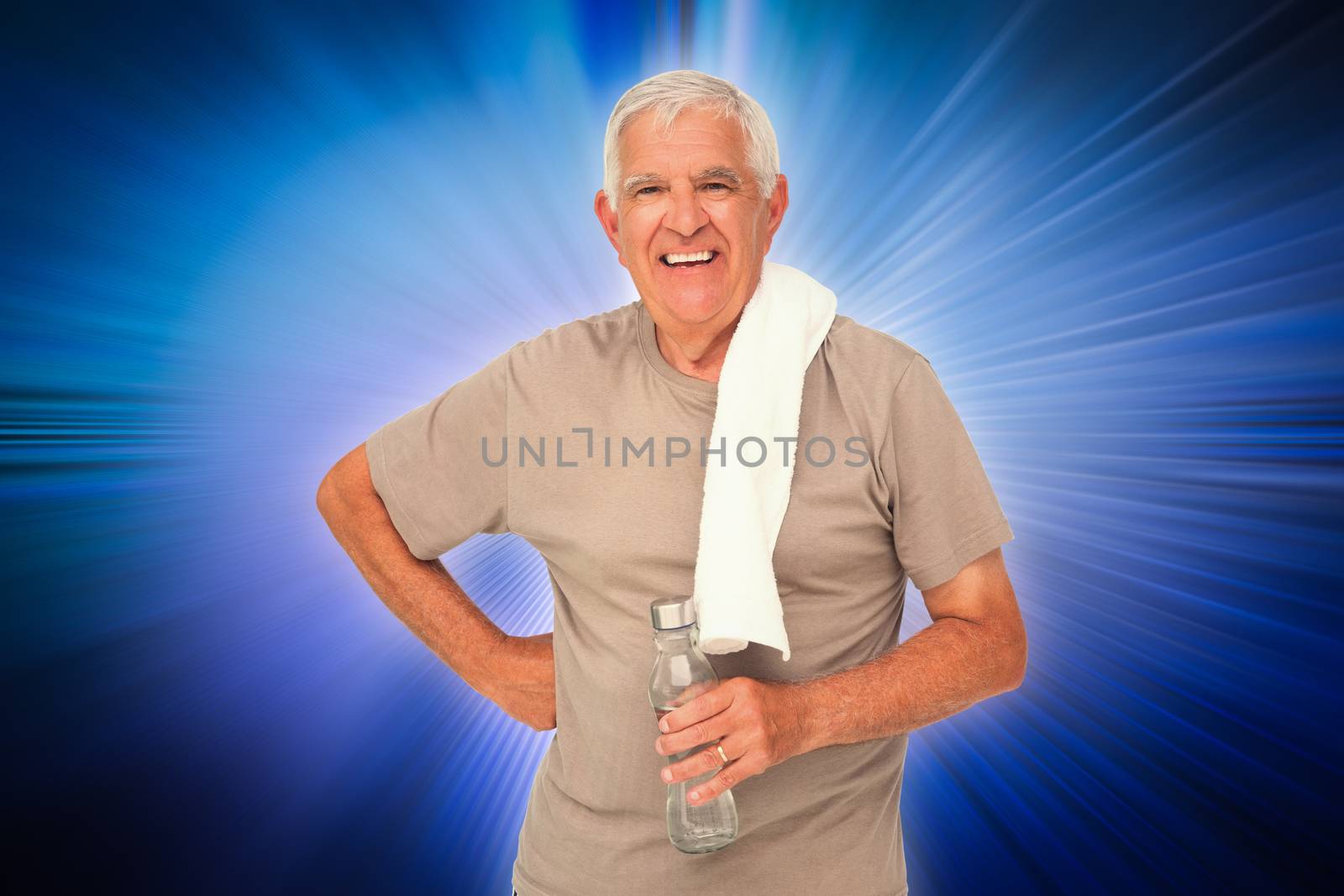 Portrait of a senior man with water bottle against abstract background