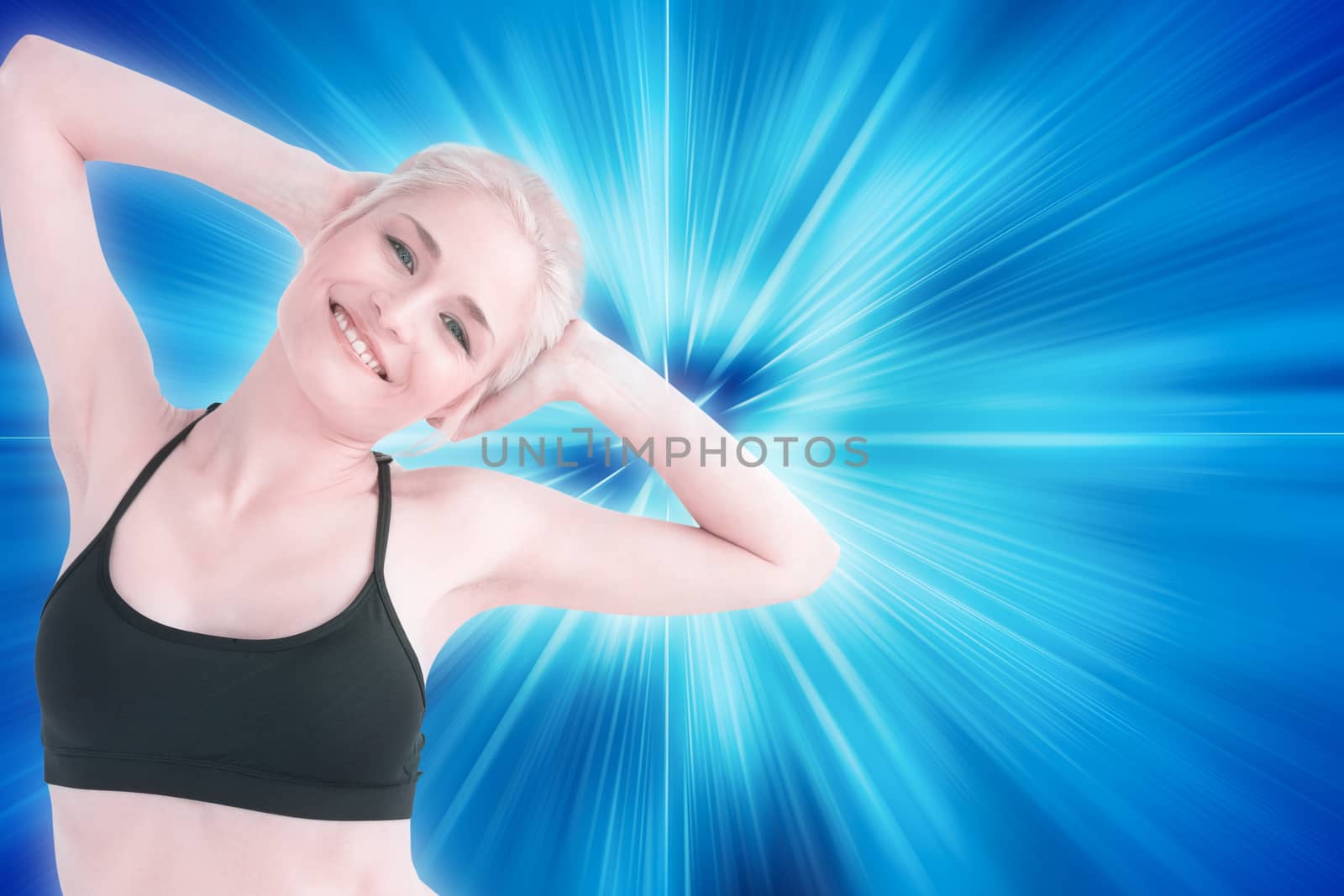 Toned sporty woman smiling over white background against abstract background