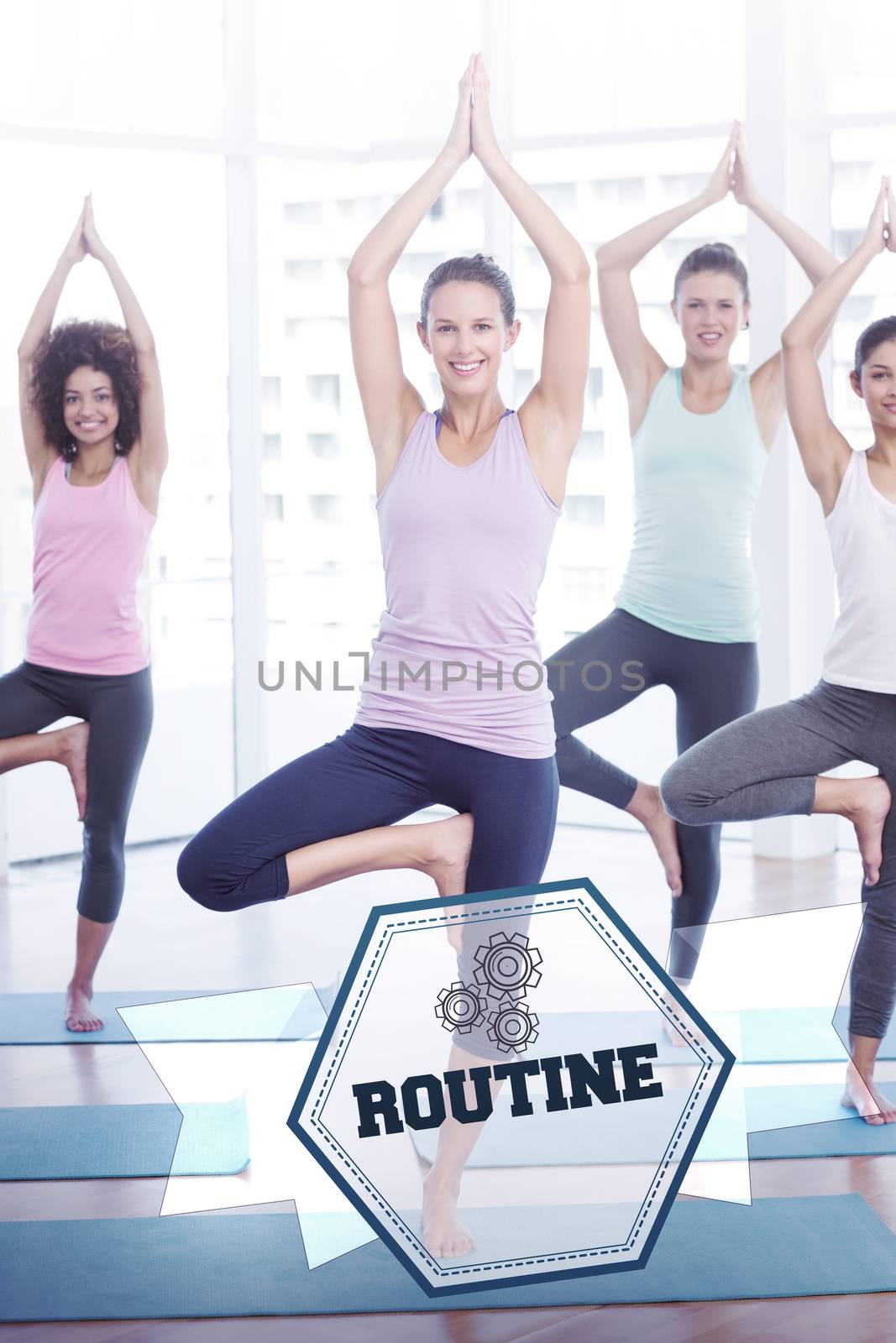 The word routine and fit class standing in tree pose at fitness studio against hexagon