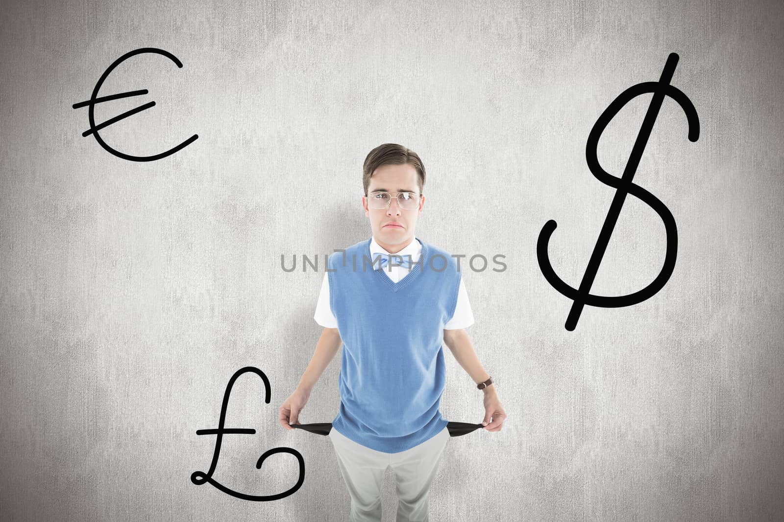 Geeky young hipster showing empty pockets against white background