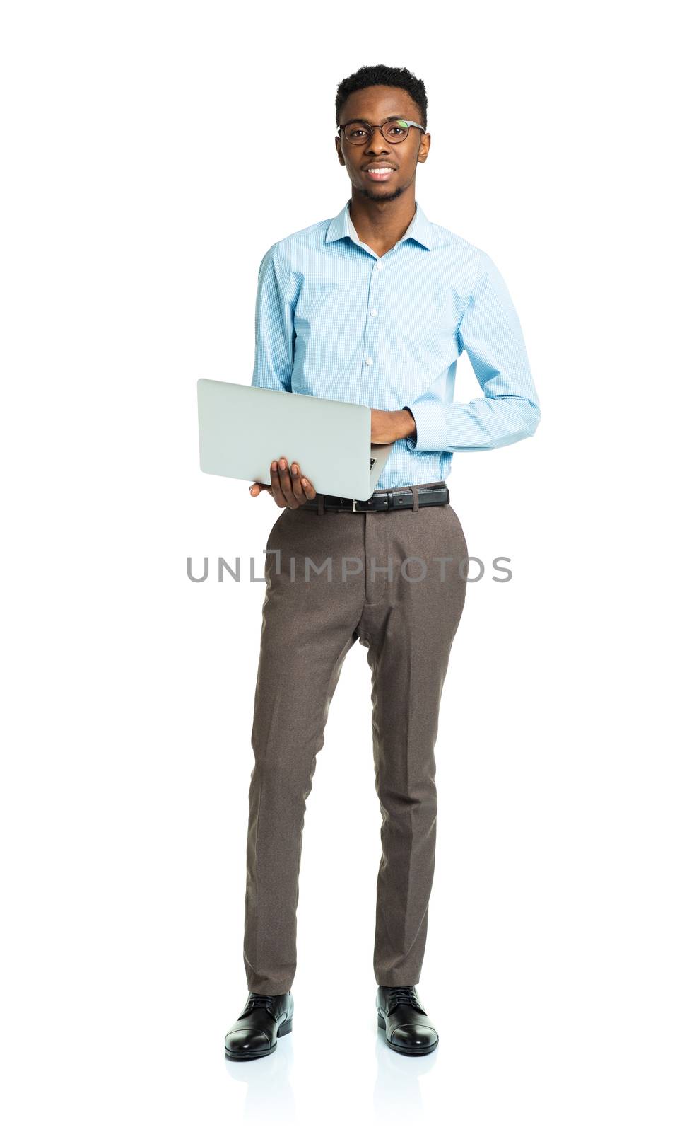 Happy african american college student with laptop standing on white background
