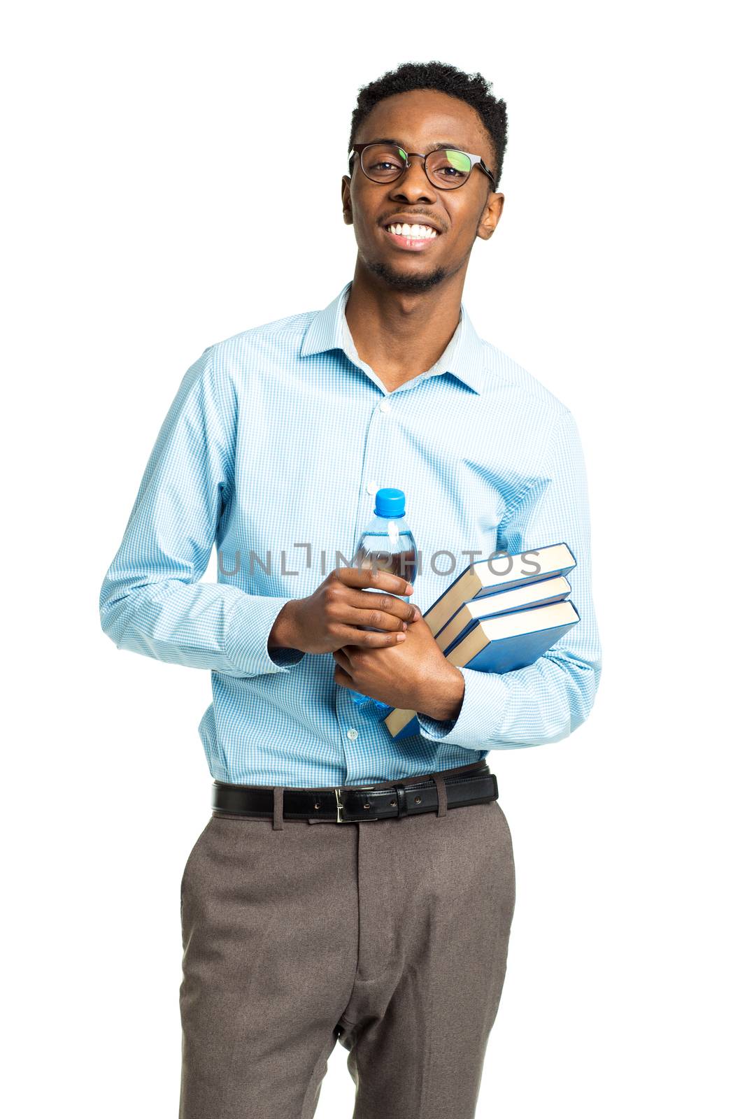 Happy african american college student with books and bottle of  by vlad_star