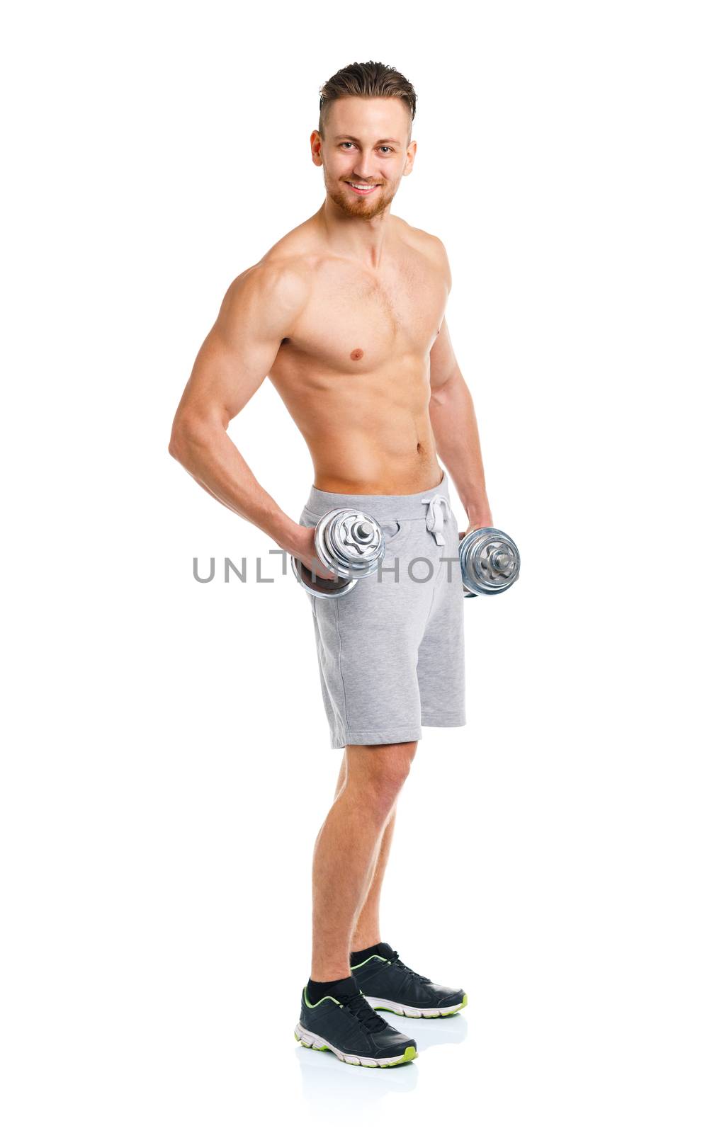 Sport man with dumbbells on the white background