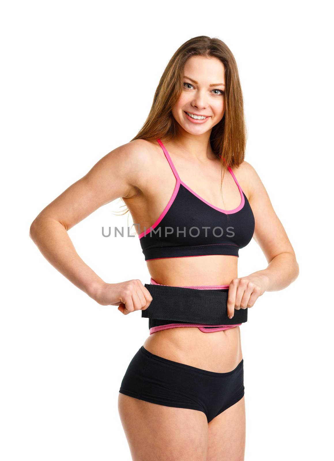 Happy athletic woman doing sport exercise, isolated on white by vlad_star