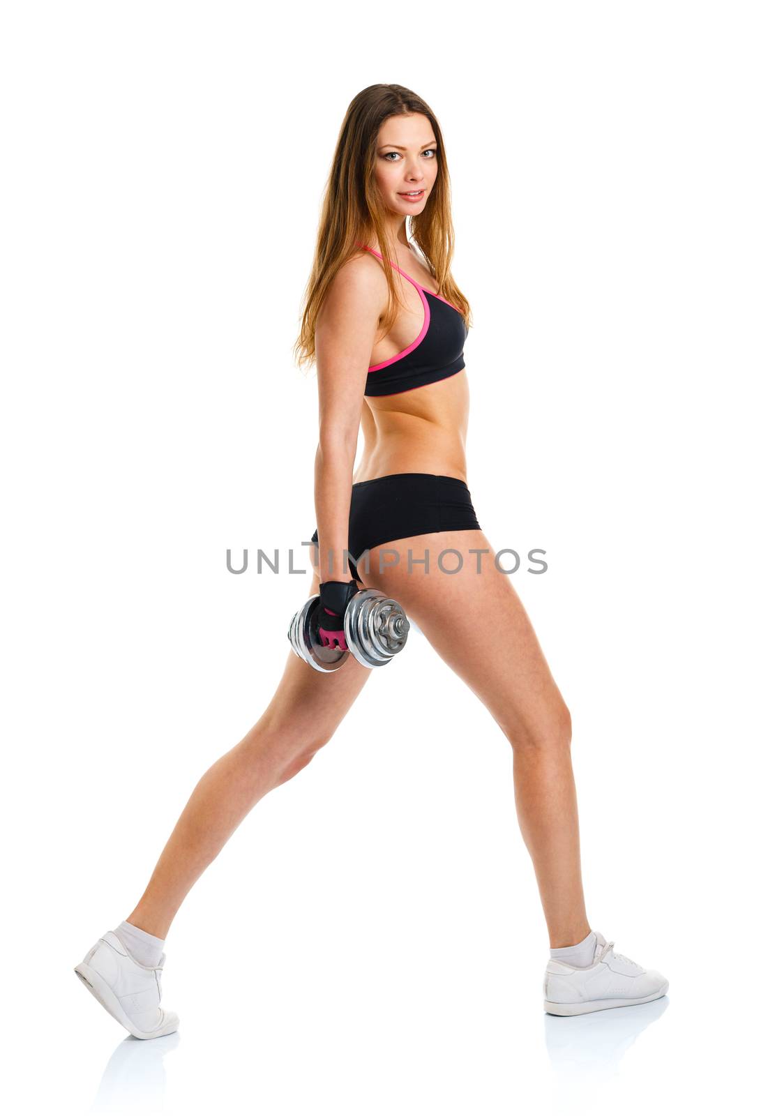 Beautiful sport woman with dumbbells doing sport exercise, isola by vlad_star