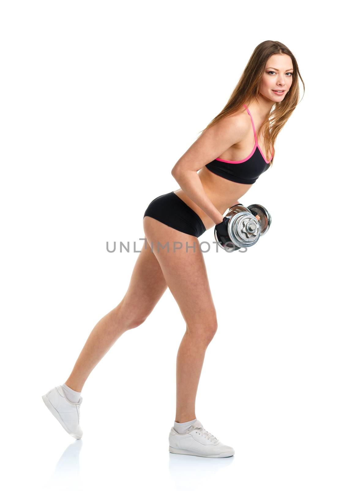 Beautiful sport woman with dumbbells doing sport exercise, isola by vlad_star